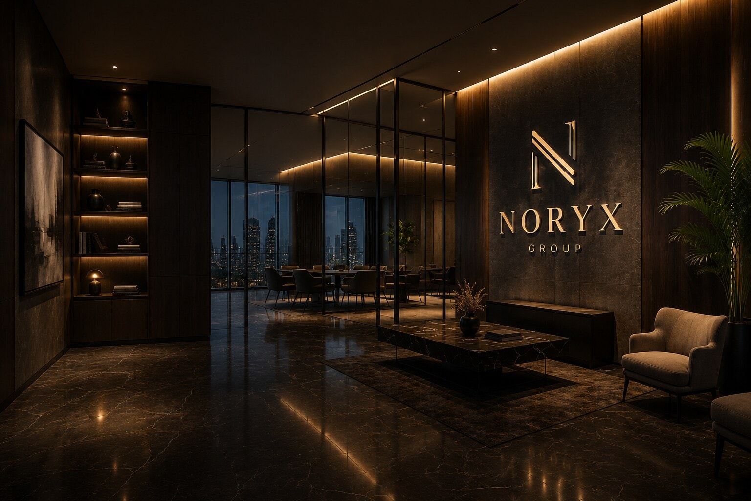 The NORYX Group office lounge overlooking the city